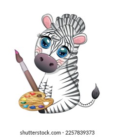 Zebra painter with paint palette and brush. Profession, hobby, children's character.
