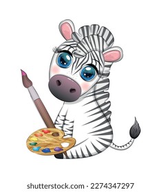Pintor de cebra con paleta de pintura y pincel. Profesión, hobby, carácter infantil.