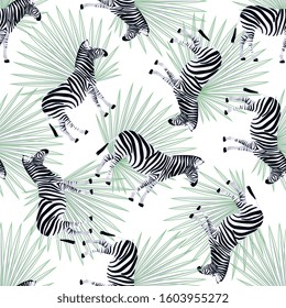 Zebra and palm leaves seamless pattern. Modern animal texture. Jungle exotic background. Natural print. Fashion design.