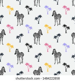 Zebra and palms pattern. Seamless design, white background, colorful trees. vector editable file