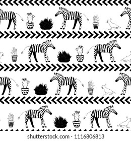 Zebra, parrot and cacti.  Seamless pattern. Black and white.