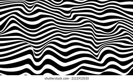 Zebra pattern wallpaper on wavy lines style. Black and white background. Illustion graphic.