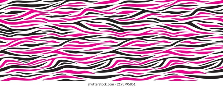 Zebra pink abstract seamless pattern. Black stripes on white background, repeating background. Vector printing for fabrics, posters, banners. 