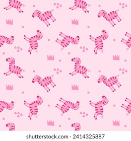 Zebra pink cartoon so cute. On grass mountain pink background. Pattern seamless vector illustration. 
