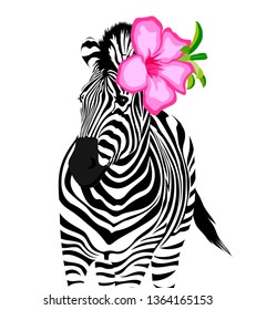 Zebra with pink flower. Wild animal texture. Striped black and white. Vector illustration isolated on white background.