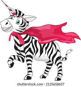 Zebra with pink fluffy blanket that flutters like a cloak and an artificial horn on the head ор striped horse with smile. Flat style vector illustration.