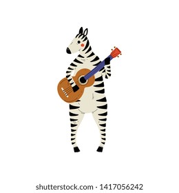 Zebra Playing Guitar, Cute Cartoon Animal Musician Character Playing Acoustic Musical Instrument Vector Illustration