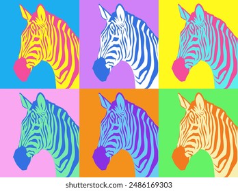 Zebra pop art style collection. Bright colorful vector african zebras portraits for poster or print. Retro wall art