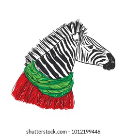 Zebra portrait, Christmas red knitted sweater and a green scarf. Sketch drawing. Black contour on a white background. Vector