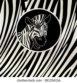 Zebra portrait on abstract background with black stripes. Vector Digital illustration. Design for Art, print, web, album, wallpaper, holiday card, invitation, fashion, textile.