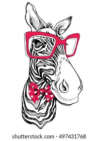 Zebra portrait in a polka-dot tie with a red glasses. Vector illustration.