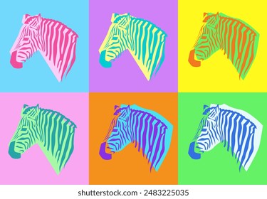 Zebra portrait in pop art style. Vector african zebra head in bright colors. Retro poster design