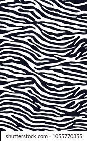 Zebra Print, Animal Skin, Tiger Stripes, Abstract Pattern, Line Background, Fabric. Amazing Hand Drawn Vector Illustration. Poster, Banner. Black And White Artwork, Monochrome