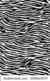 Zebra print, animal skin, tiger stripes, abstract pattern, line background, fabric. Amazing hand drawn vector illustration. Poster, banner. Black and white artwork, monochrome