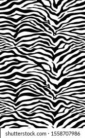 Zebra print, animal skin, tiger stripes, abstract pattern, fabric. Amazing hand drawn vector illustration. Black and white artwork, monochrome design.