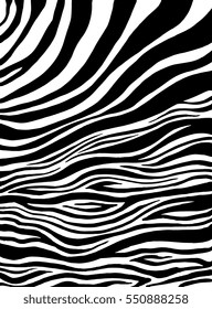 Zebra print, animal skin, tiger stripes, abstract pattern, line background, fabric. Amazing hand drawn vector illustration. Poster, banner. Black and white artwork, monochrome
