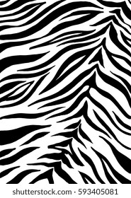 Zebra print, animal skin, tiger stripes, abstract pattern, line background, fabric. Amazing hand drawn vector illustration. Poster, banner. Black and white artwork, monochrome