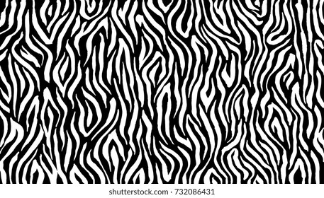 Zebra print, animal skin, tiger stripes, abstract pattern, line background, fabric. Amazing hand drawn vector illustration. Poster, banner. Black and white artwork, monochrome