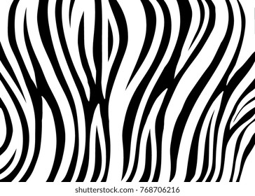 Zebra print, animal skin, tiger stripes, abstract pattern, line background, fabric. Amazing hand drawn vector illustration. Poster, banner. Black and white artwork, monochrome