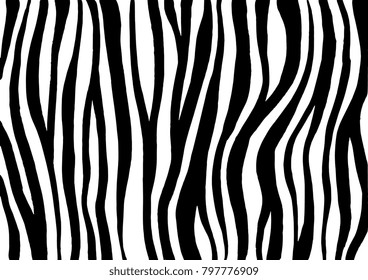 Zebra print, animal skin, tiger stripes, abstract pattern, line background, fabric. Amazing hand drawn vector illustration. Poster, banner. Black and white artwork, monochrome