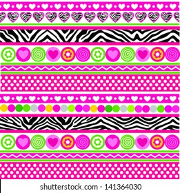 Zebra print hearts, flowers and dots - abstract seamless background in pink, green and yellow