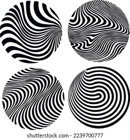 Zebra print. Illustration of a zebra in a circle. A selection of background images of zebras. Abstraction. Zebra print. Hypnosis in a circle. Black and white spiral.