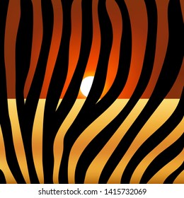 zebra print on the background of the sunset sun, animal skin, black and white stripes, vector