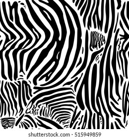 Zebra print pattern. Seamless background. Black and white wild animal skin or fur.