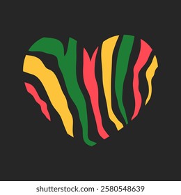 Zebra print red, yellow, green colored heart. Black history month. Vector illustration