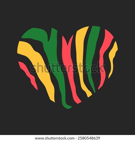 Zebra print red, yellow, green colored heart. Black history month. Vector illustration