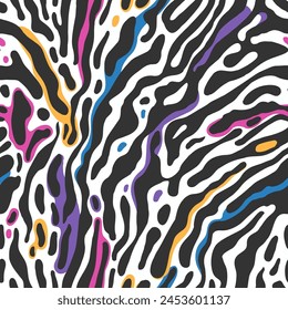 Zebra print seamless pattern with color splashes. Vector illustration design for fashion fabric and wallpaper background.