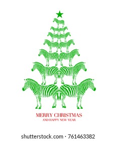 Zebra print shape into Christmas tree. Merry Christmas and happy new year. Wild animal design trendy texture, vector illustration isolated on white background.