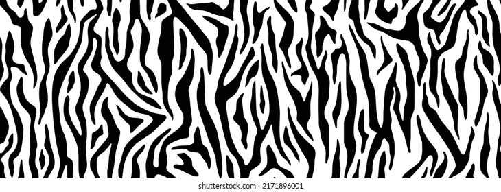 Zebra print. Stripes, animal skin, tiger stripes, abstract pattern, line background. Black and white vector monochrome seamless texture.