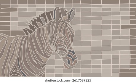 Zebra in Profile Against Brick Wall, zebra horse as mosaic form, vector illustration.