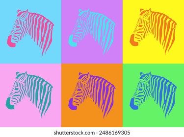 Ilustración vectorial de perfil de cebra en estilo retro pop art. Conjunto de coloridas cebras