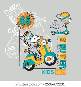 zebra and rabbit competition motorbike scooter race ,animal cartoon vector illustration