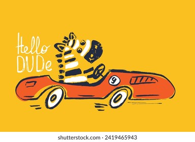 Zebra racing car funny cool summer t-shirt print design. Race speed sports cabriolet auto. Slogan. Drive safari animal illustration. Racer kids typography nursery poster. Adorable holiday pattern