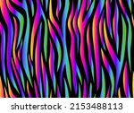 Zebra rainbow abstract seamless pattern. Neon gradient lines on a black background. Colorful stripes, repeating background. Vector printing for fabrics, posters, banners. 