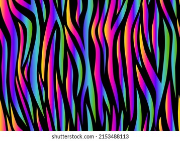 Zebra rainbow abstract seamless pattern  Neon gradient lines black background  Colorful stripes  repeating background  Vector printing for fabrics  posters  banners  