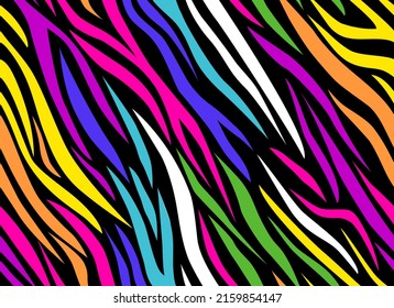 Zebra rainbow abstract seamless pattern. Colorful stripes, repeating background. Vector printing for fabrics, posters, banners. 