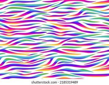 Zebra rainbow abstract seamless pattern. Neon gradient lines on a white background. Colorful stripes, repeating background. Vector printing for fabrics, posters, banners. 