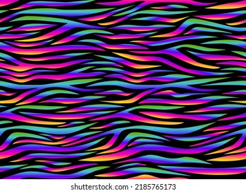 Zebra rainbow abstract seamless pattern. Neon gradient lines on a black background. Colorful stripes, repeating background. Vector printing for fabrics, posters, banners. 