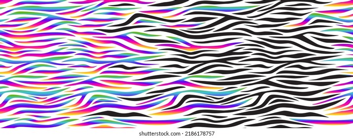 Zebra rainbow abstract seamless pattern  Neon gradient lines  Colorful stripes  repeating background  Vector printing for fabrics  posters  banners  