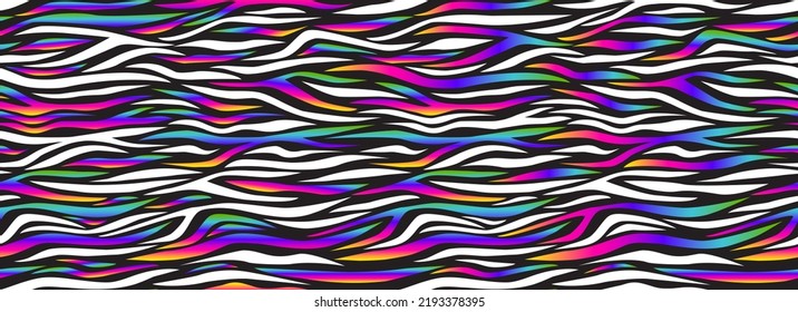 Zebra rainbow abstract seamless pattern. White lines. Colorful stripes, repeating background. Vector printing for fabrics, posters, banners. 