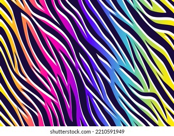 Zebra rainbow abstract seamless pattern. Colorful stripes, repeating background. Vector printing for fabrics, posters, banners. 