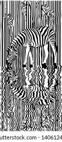 zebra with a reflection in a lake in black and white in the woods