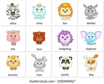 Zebra, rhino, lion, donkey, pig, bear, hedgehog, elephant, hamster, hare, panda, dog. Illustration for kids