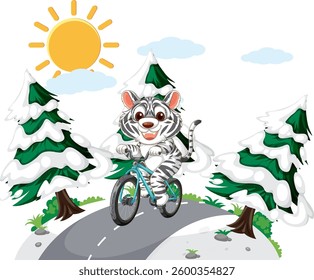 A zebra rides a bike in a snowy landscape