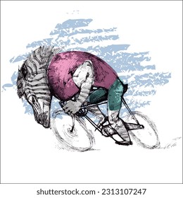 Zebra riding a bicycle. Cyclist zebra mascot of a cyclist club, bent on its bike. Sport illustration concept.