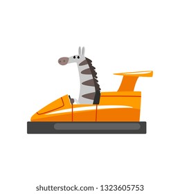 Zebra Riding Bumper Car, Funny Adorable Animal Character Using Vehicle Vector Illustration